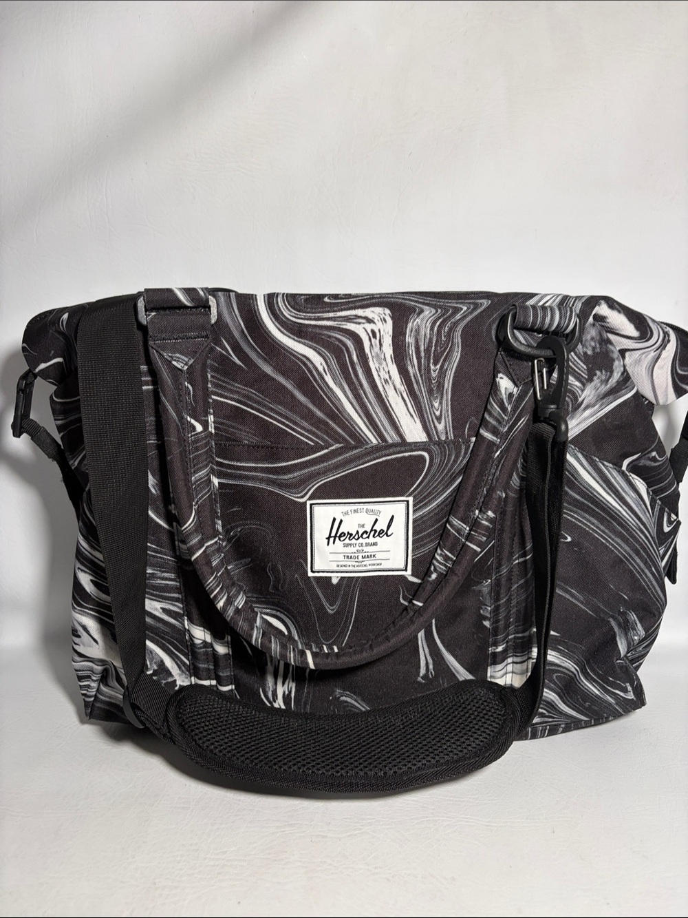 Herschel Supply Co. Black and White Marble Swirl Print Diaper Bag Double Handles